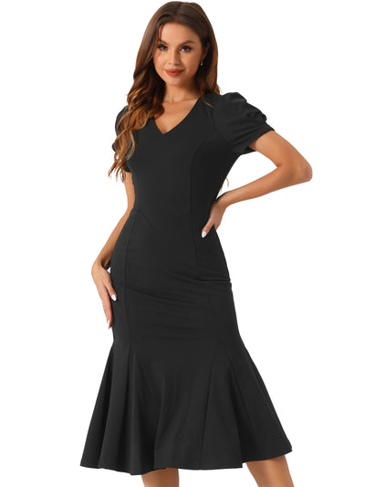 Stylish V-Neck Puff Sleeve Elegant Mermaid Maxi Dress