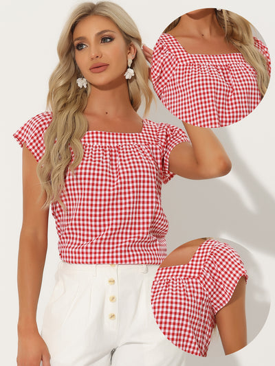 Square Neck Short Sleeves Gingham Plaid Blouse