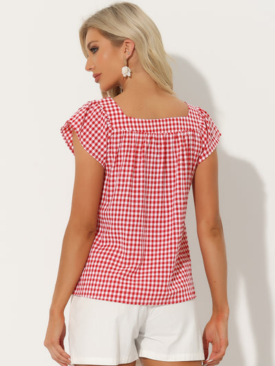 Square Neck Short Sleeves Gingham Plaid Blouse