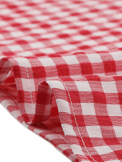 Square Neck Short Sleeves Gingham Plaid Blouse