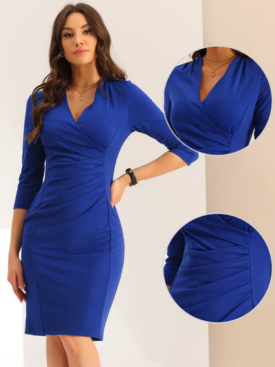 Half Sleeve V Neck Ruched Office Work Sheath Formal Midi Dress