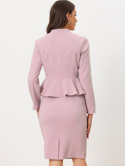 2 Piece Long Sleeve Collarless Peplum Blazer and Pencil Skirt Work Suit Set