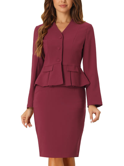 2 Piece Long Sleeve Collarless Peplum Blazer and Pencil Skirt Work Suit Set