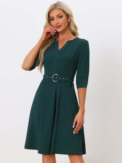 V Neck Half Sleeve Pockets Elegant Solid Color Belt Dress