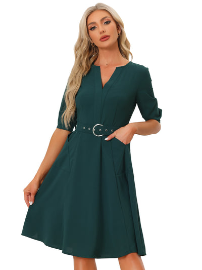 V Neck Half Sleeve Pockets Elegant Solid Color Belt Dress