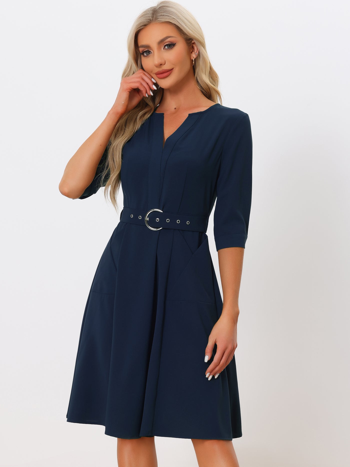 Allegra K V Neck Half Sleeve Pockets Elegant Solid Color Belt Dress