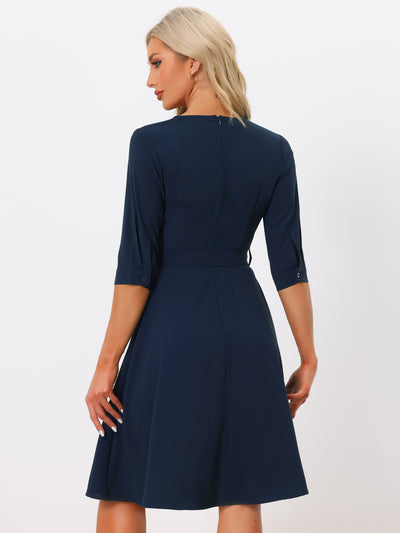 V Neck Half Sleeve Pockets Elegant Solid Color Belt Dress