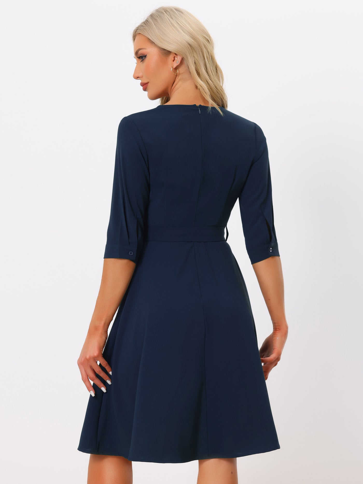 Allegra K V Neck Half Sleeve Pockets Elegant Solid Color Belt Dress