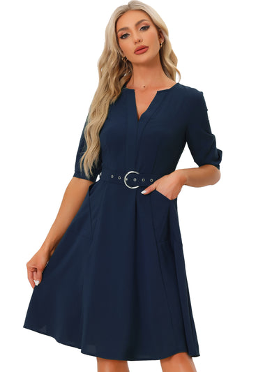 V Neck Half Sleeve Pockets Elegant Solid Color Belt Dress