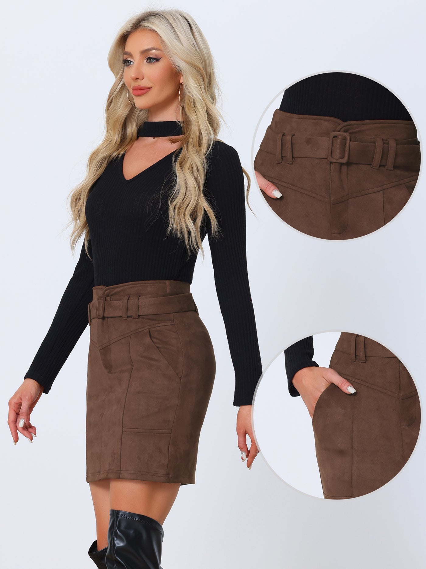Faux Suede Casual High Waist Belted A-Line Mini Skirts | Allegra K