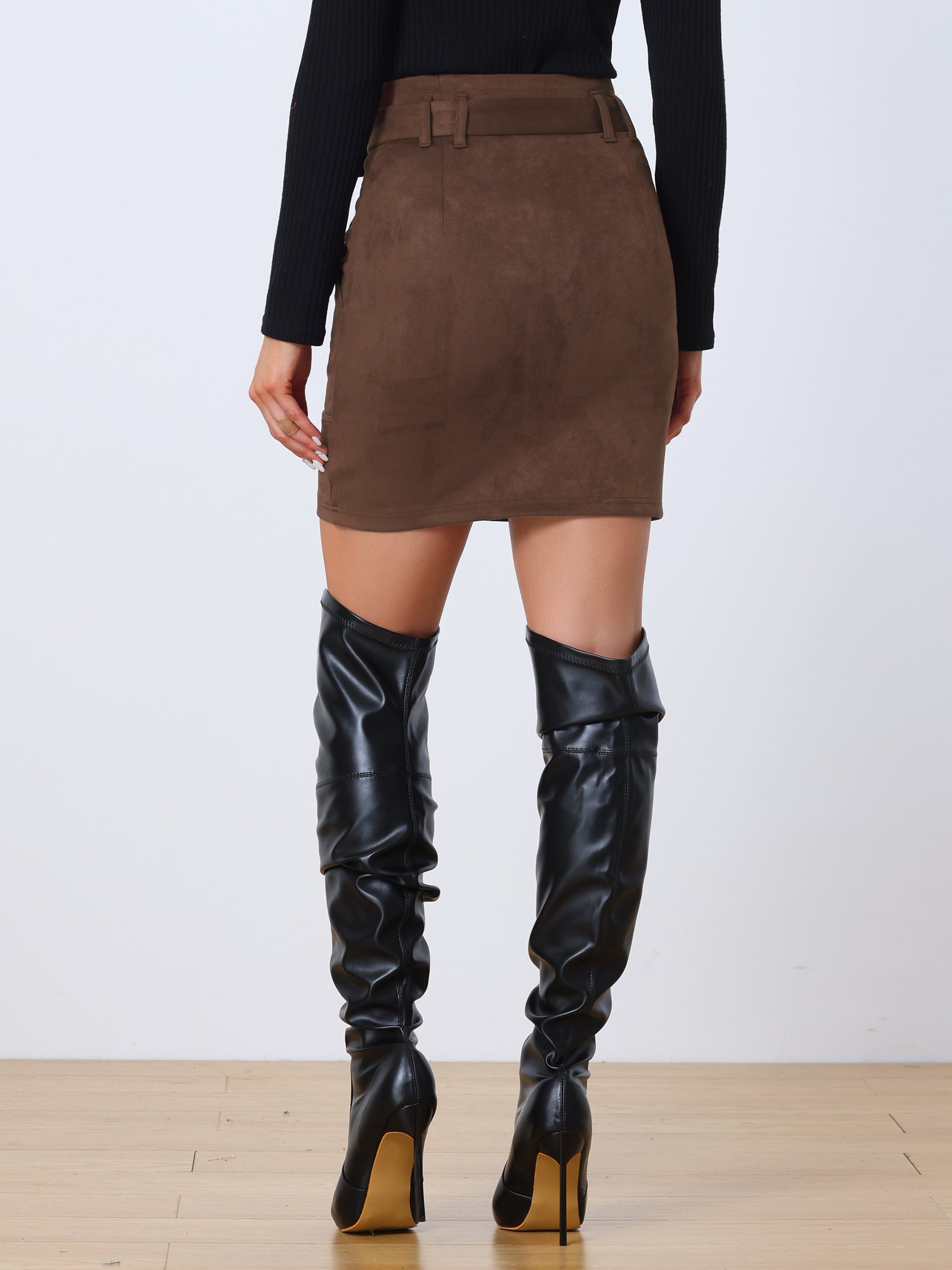Faux Suede Casual High Waist Belted A-Line Mini Skirts | Allegra K