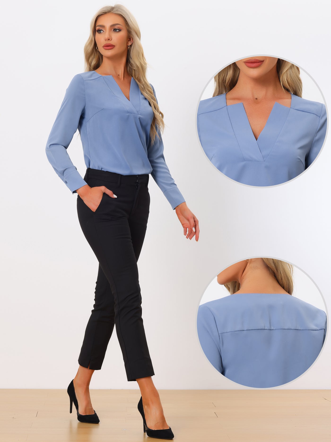 Allegra K Business Casual Office Long Sleeve V Neck Solid Blouse