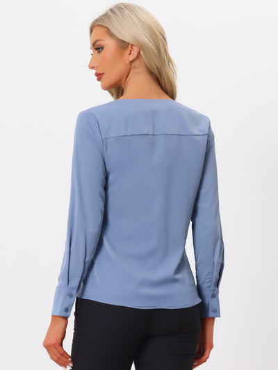 Business Casual Office Long Sleeve V Neck Solid Blouse