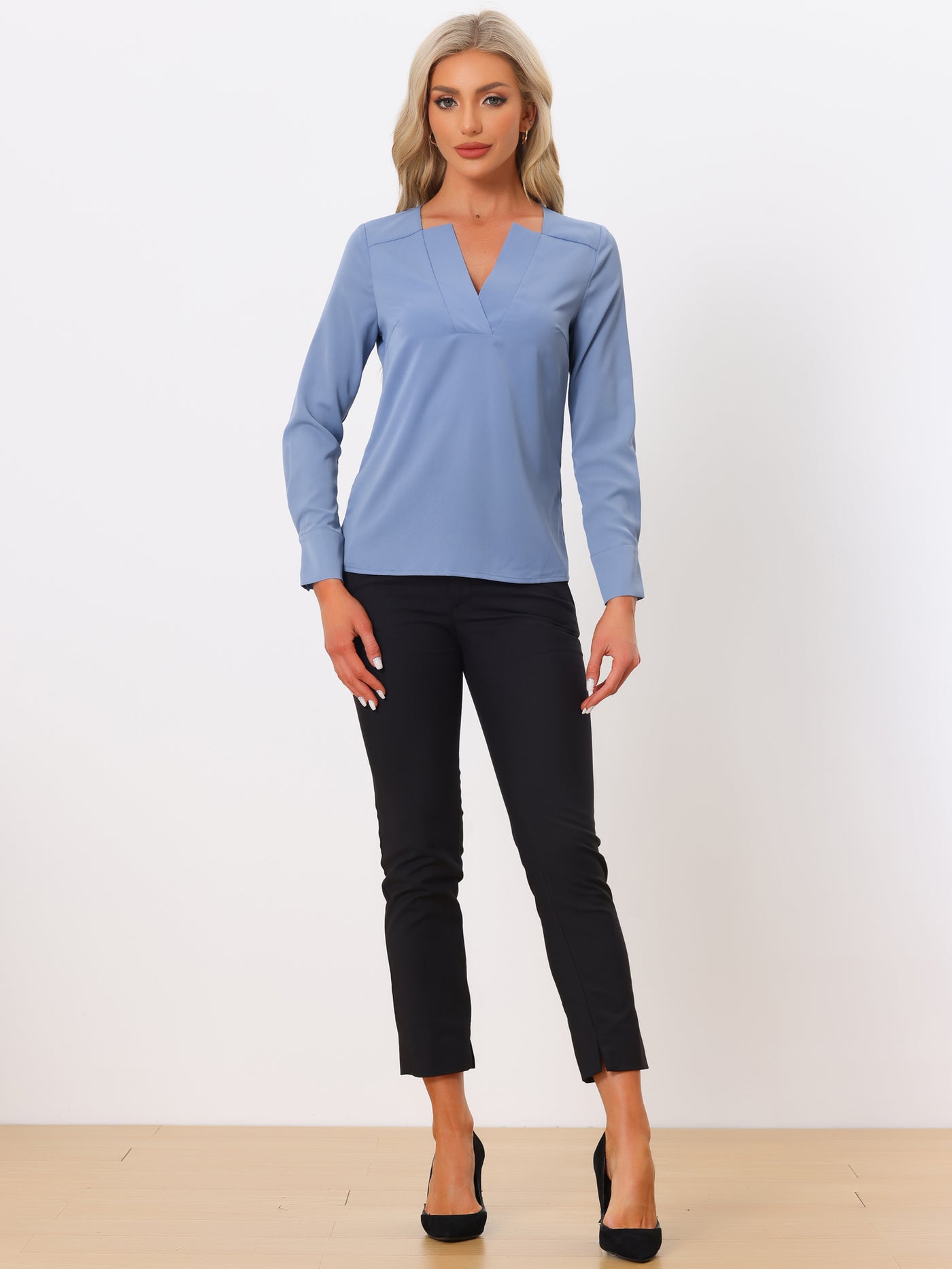 Allegra K Business Casual Office Long Sleeve V Neck Solid Blouse