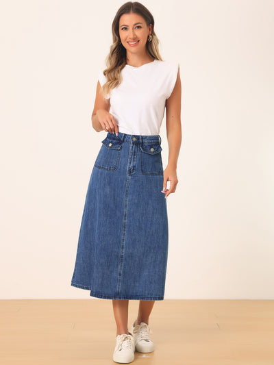 Allegra K Casual High Waisted Flap Pocket A-Line Long Denim Jean Skirt