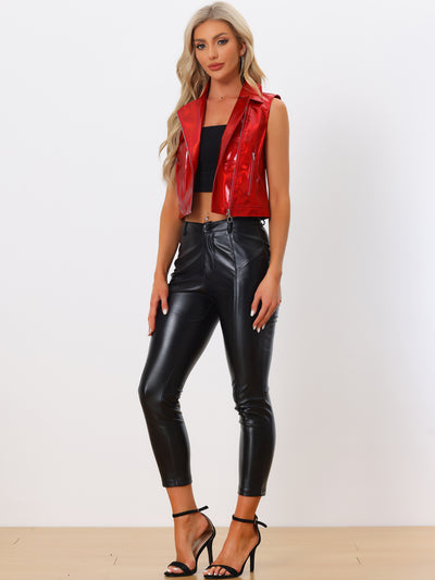 Metallic Faux Leather Vest Lapel Collar Zip Sleeveless Cropped Jacket