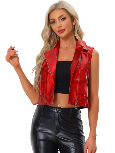 Metallic Faux Leather Vest Lapel Collar Zip Sleeveless Cropped Jacket