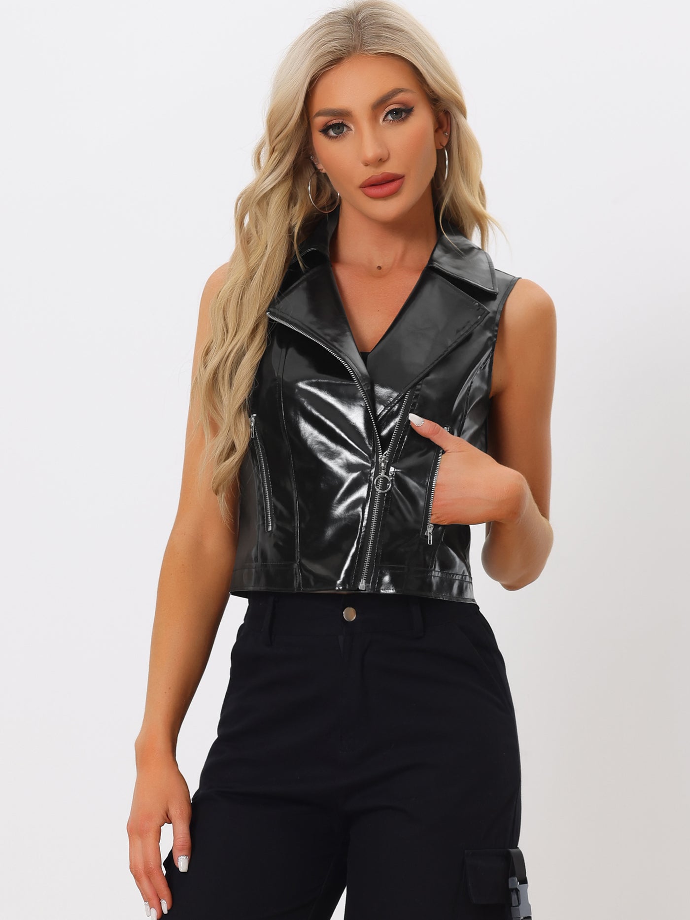 Allegra K Metallic Faux Leather Vest Lapel Collar Zip Sleeveless Cropped Jacket