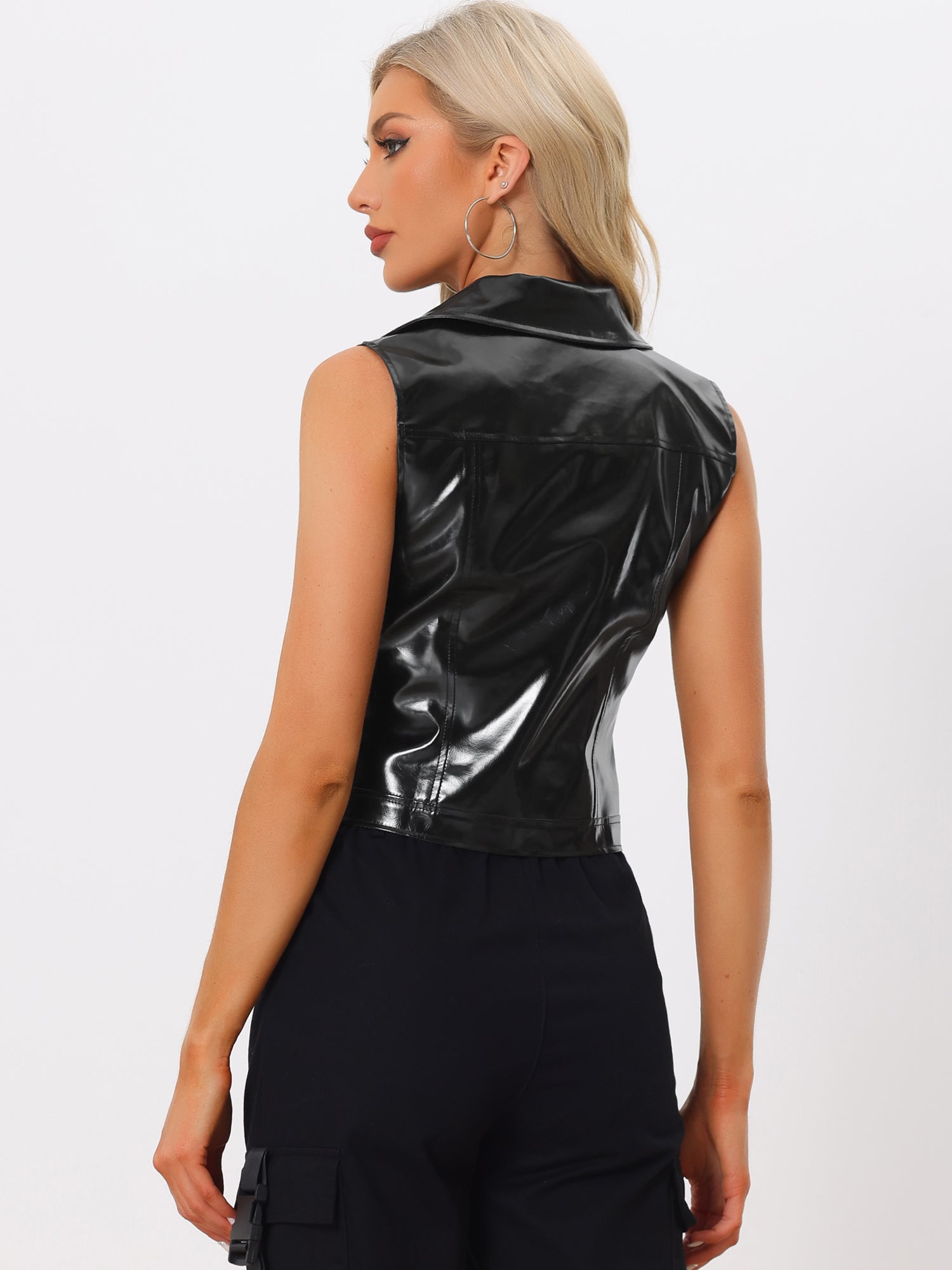 Metallic Faux Leather Vest Lapel Collar Zip Sleeveless Cropped Jacket