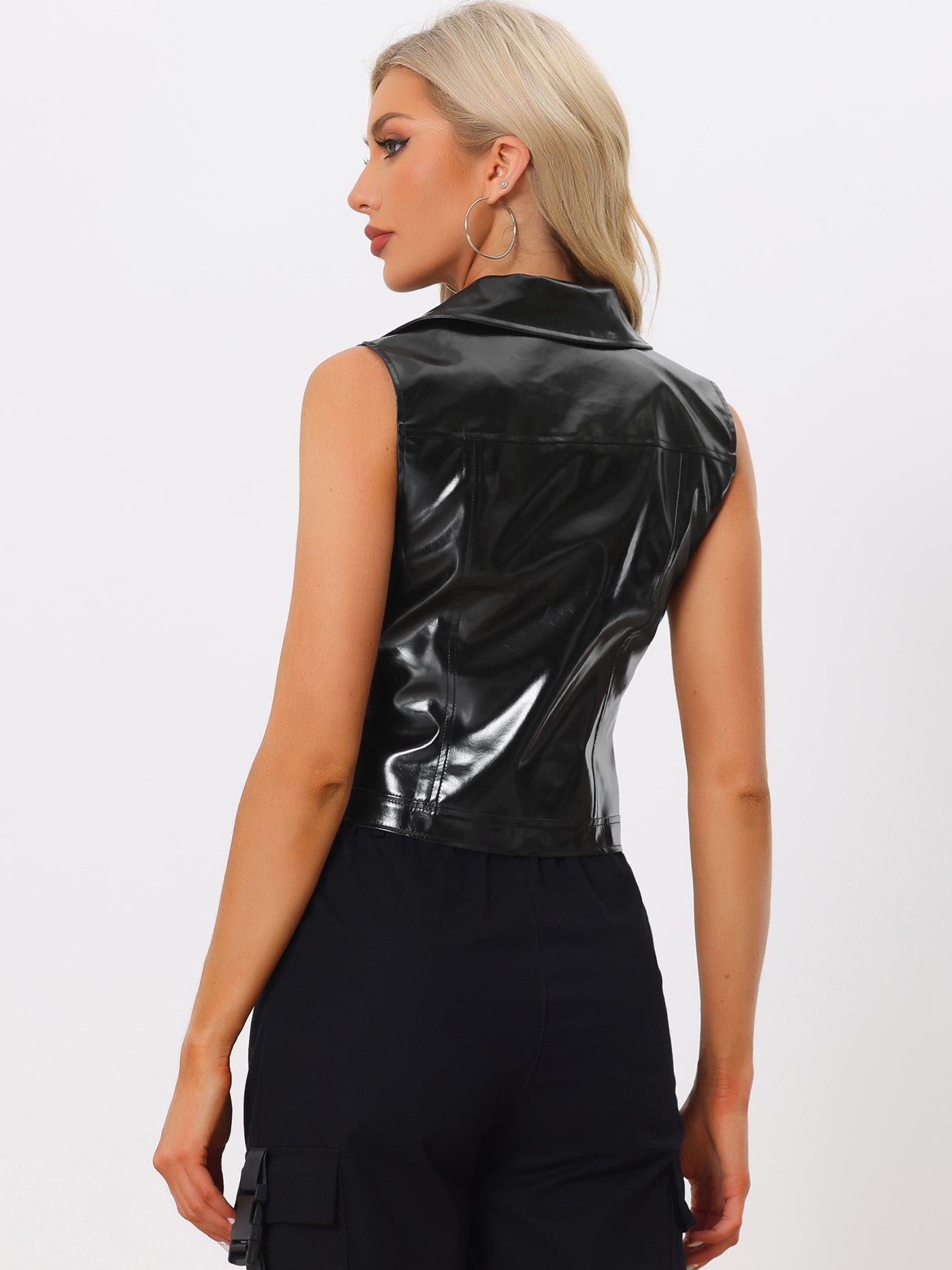 Allegra K Metallic Faux Leather Vest Lapel Collar Zip Sleeveless Cropped Jacket