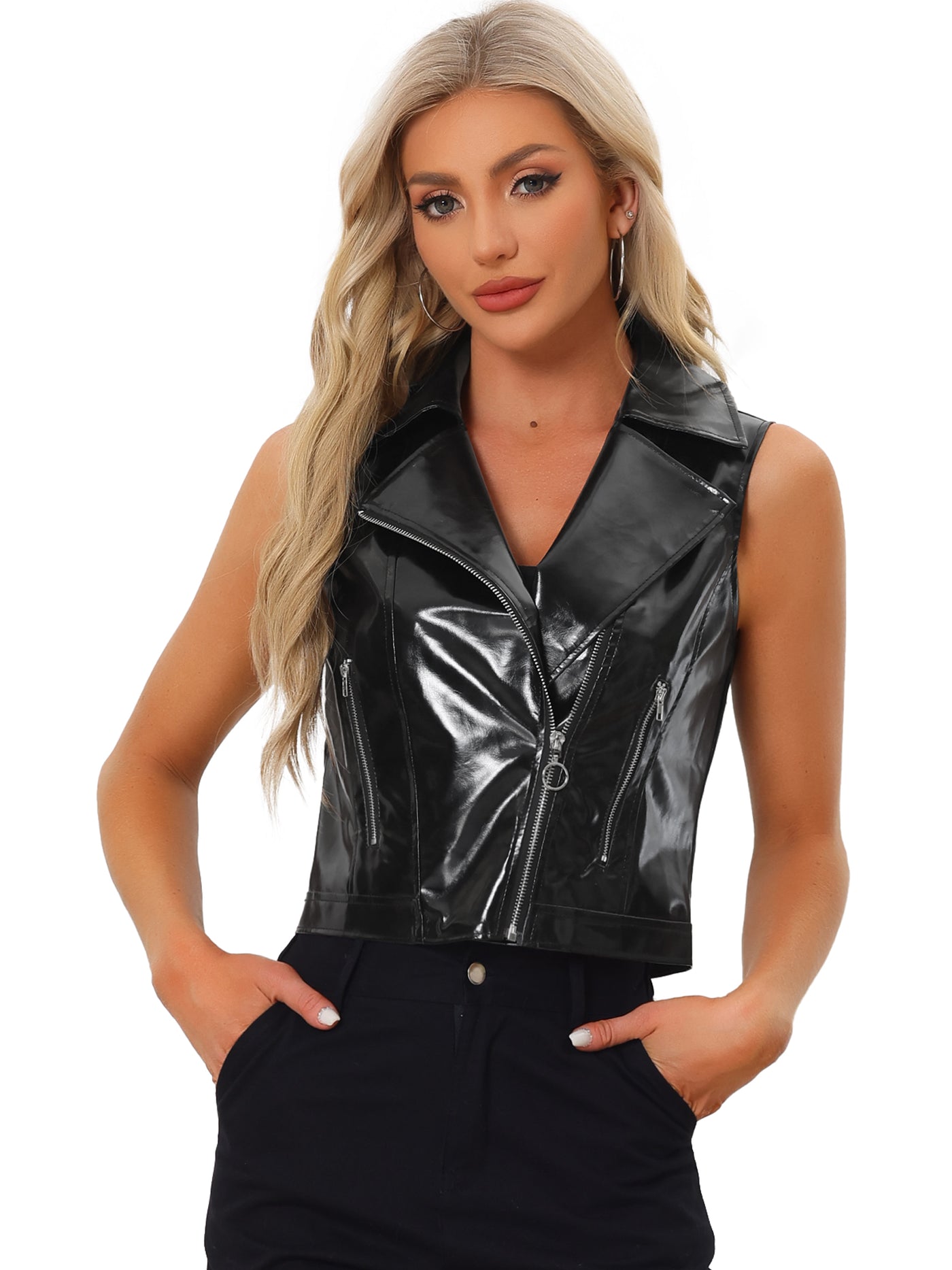 Allegra K Metallic Faux Leather Vest Lapel Collar Zip Sleeveless Cropped Jacket