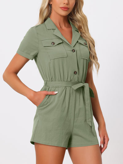 Short Sleeve Tie Waist 100% Cotton Cargo Jumpsuit with Pockets