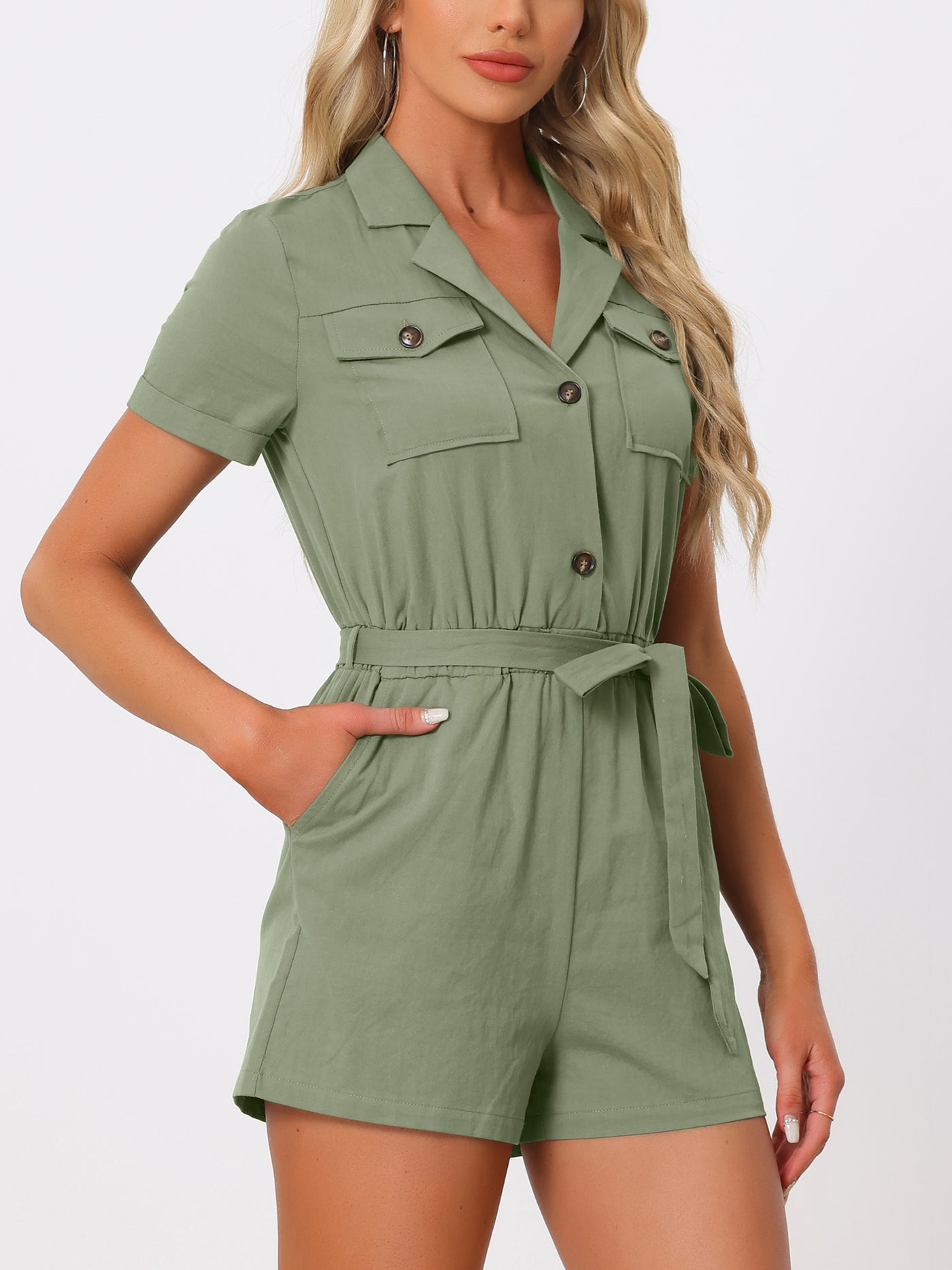 Allegra K Short Sleeve Tie Waist 100% Cotton Cargo Jumpsuit with Pockets