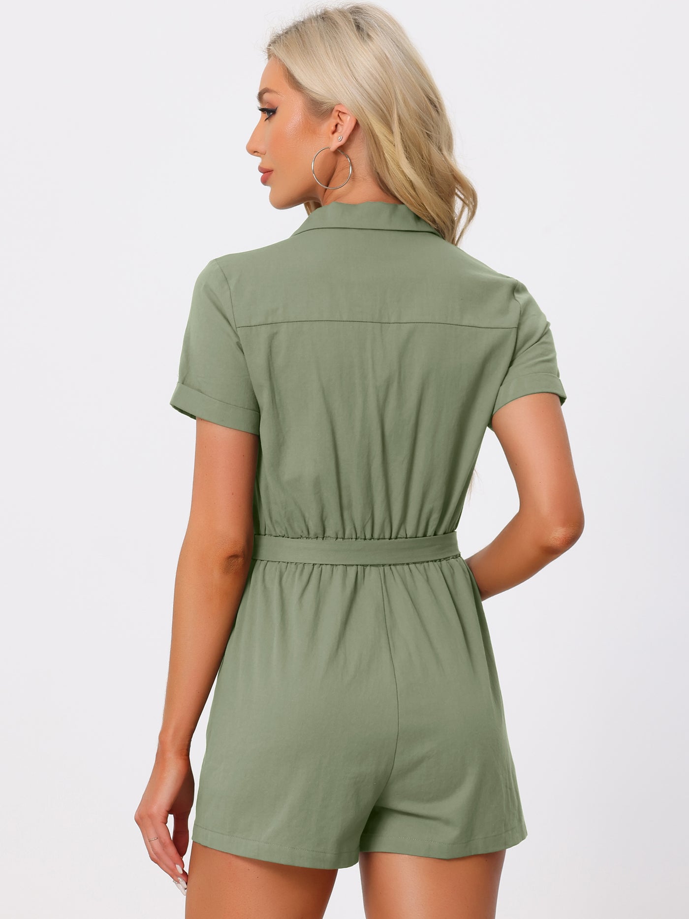 Allegra K Short Sleeve Tie Waist 100% Cotton Cargo Jumpsuit with Pockets