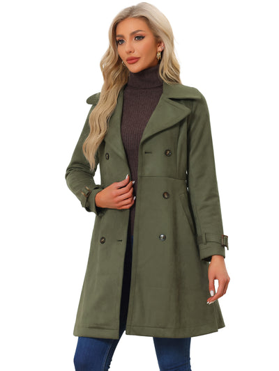 Faux Suede Notched Cuff Solid Double Breasted Tie Belt Trench Coat