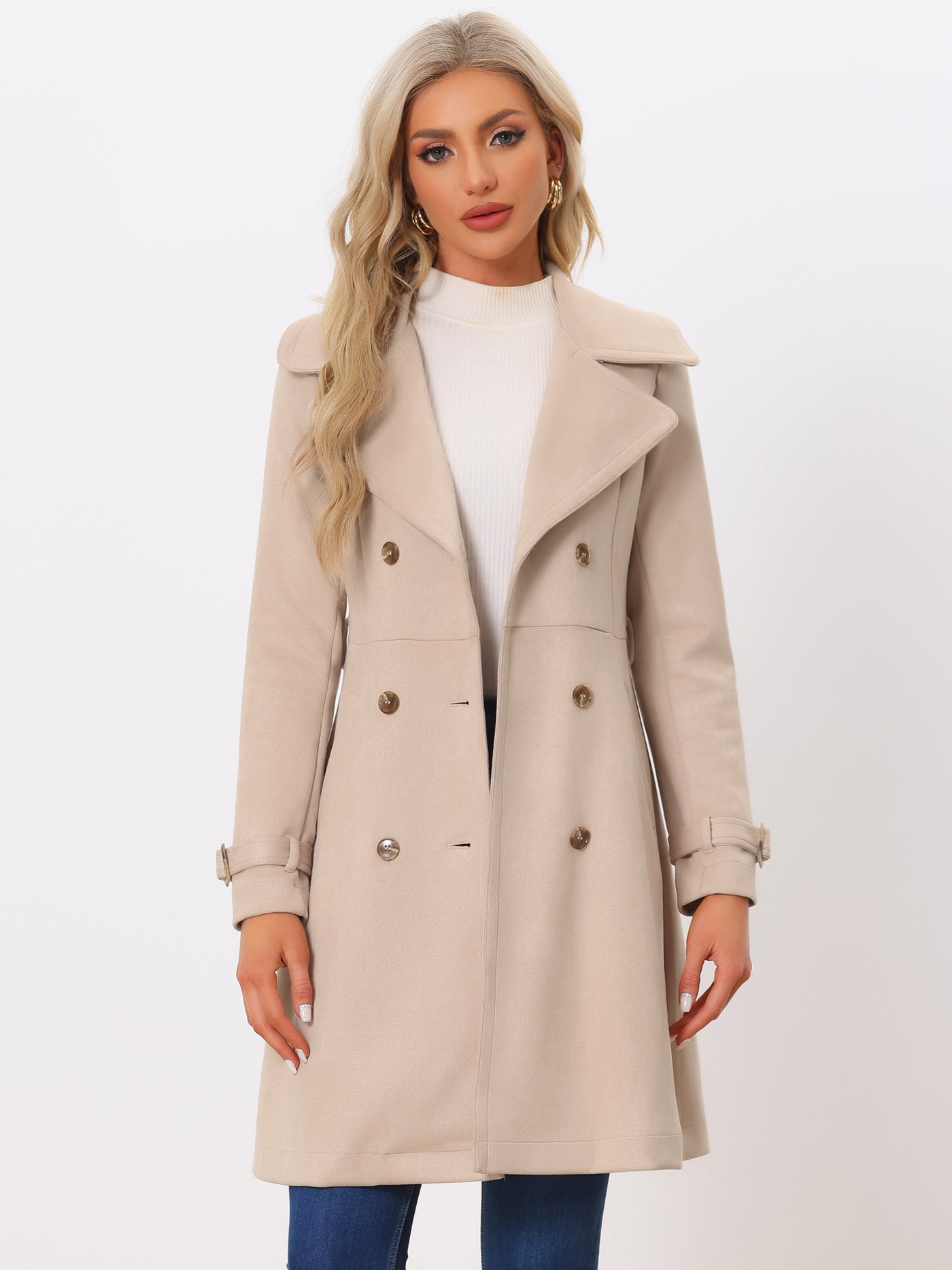 Allegra K Faux Suede Notched Cuff Solid Double Breasted Tie Belt Trench Coat