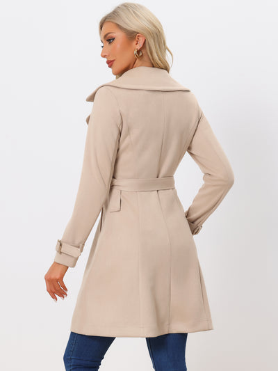 Faux Suede Notched Cuff Solid Double Breasted Tie Belt Trench Coat