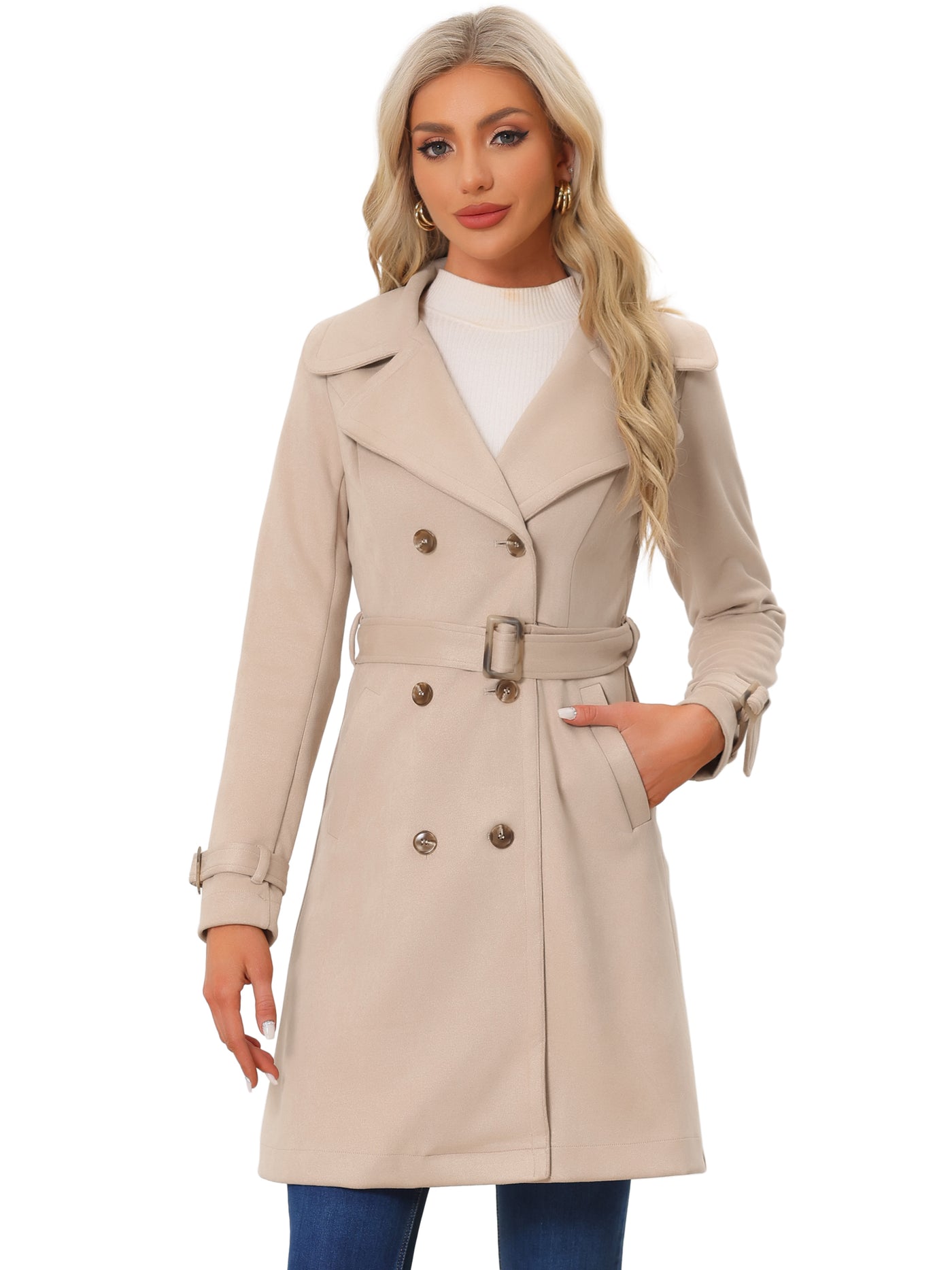 Allegra K Faux Suede Notched Cuff Solid Double Breasted Tie Belt Trench Coat