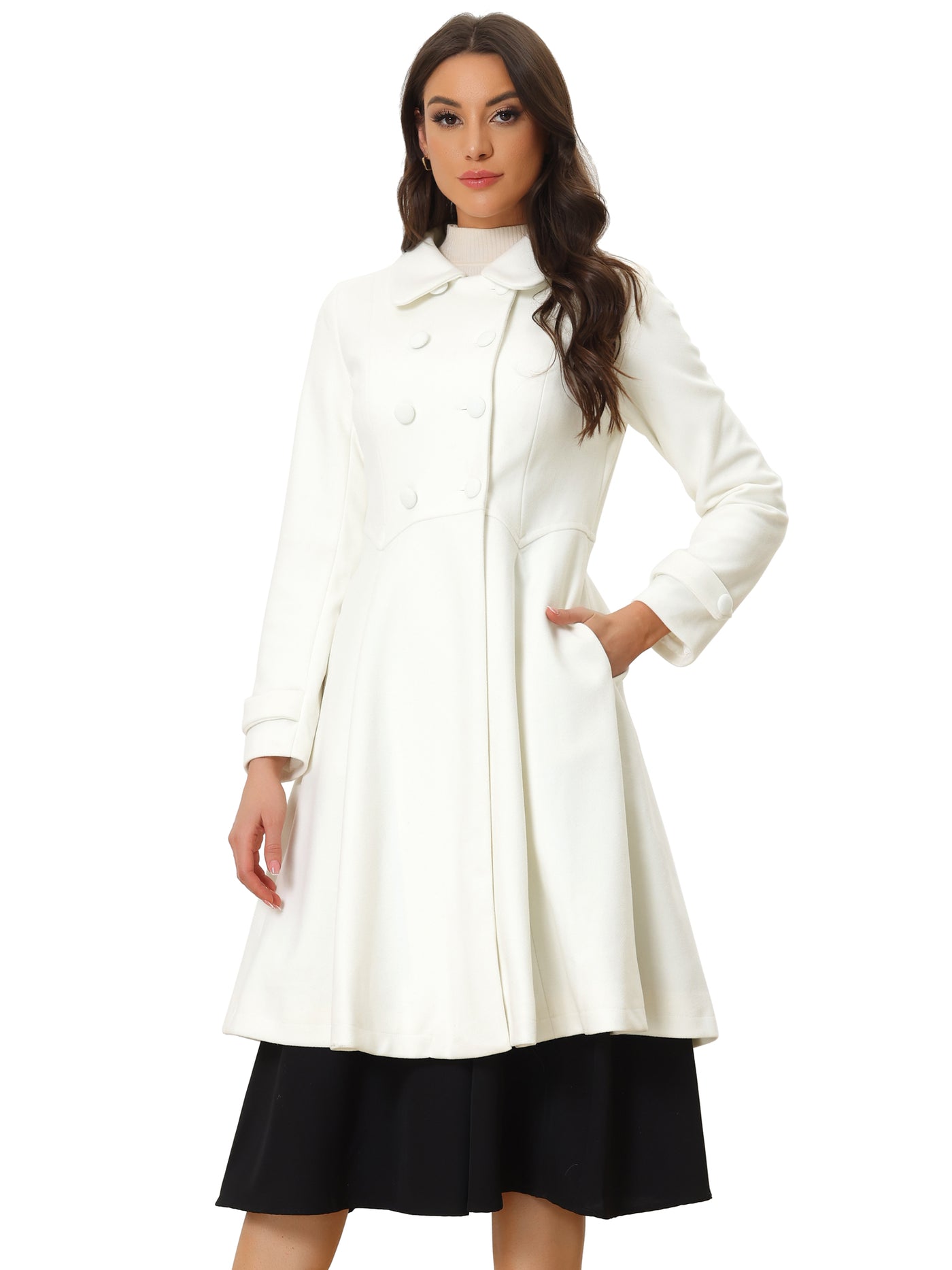 Allegra K Winter Overcoat Collared A Line Double Breasted Long Coat