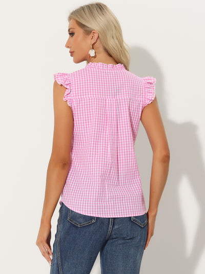 Ruffle Button Down Cap Sleeve Plaid Gingham Blouse