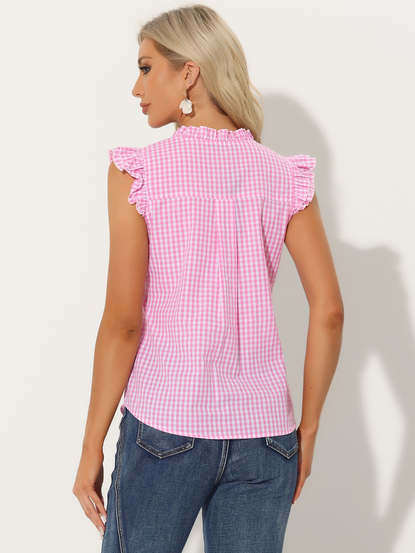 Allegra K Ruffle Button Down Cap Sleeve Plaid Gingham Blouse