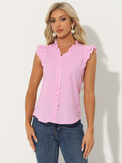 Ruffle Button Down Cap Sleeve Plaid Gingham Blouse