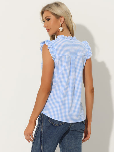 Ruffle Button Down Cap Sleeve Plaid Gingham Blouse