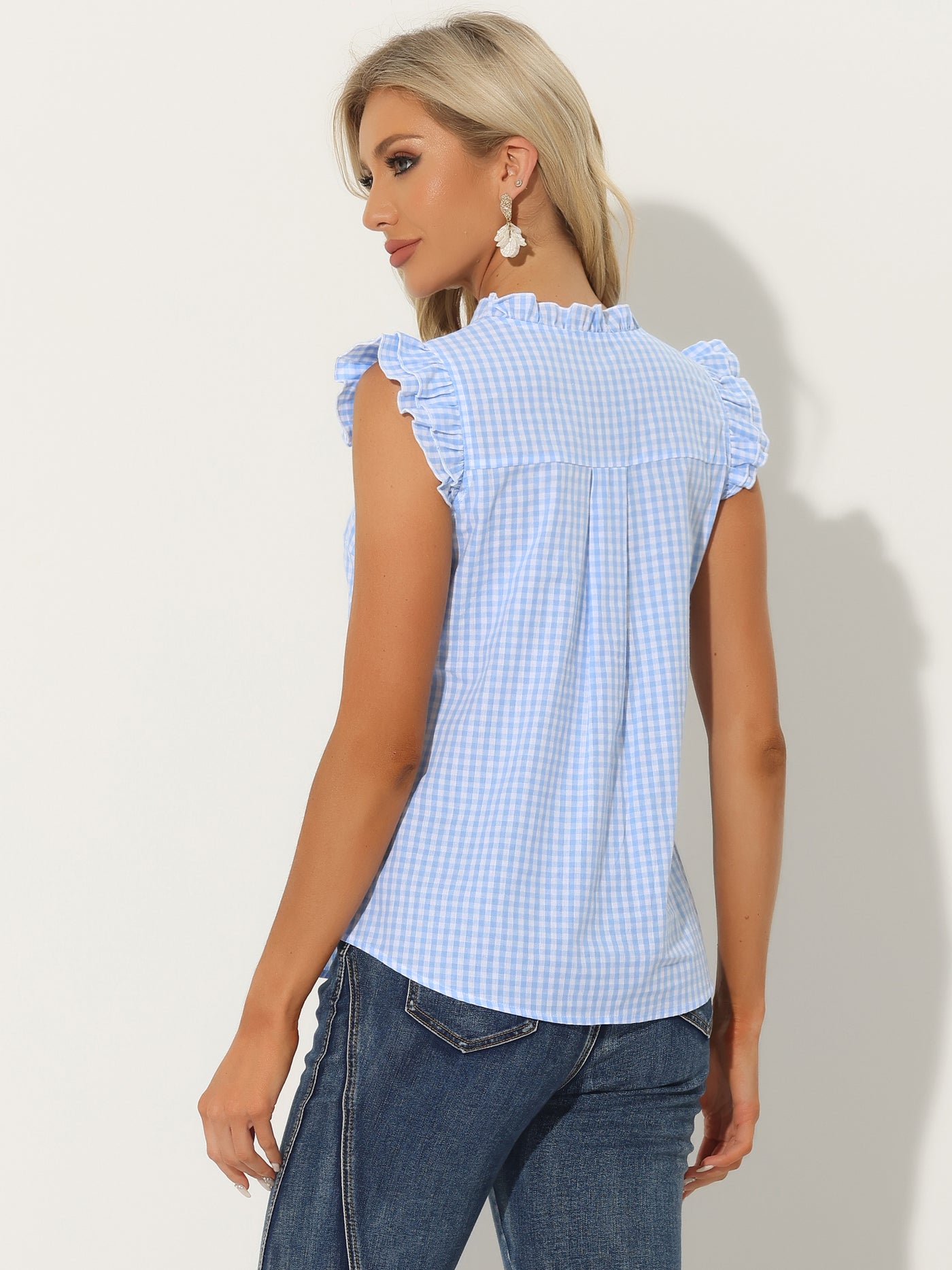 Allegra K Ruffle Button Down Cap Sleeve Plaid Gingham Blouse