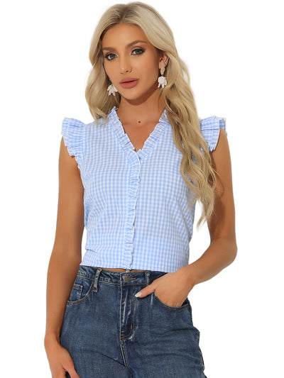 Ruffle Button Down Cap Sleeve Plaid Gingham Blouse