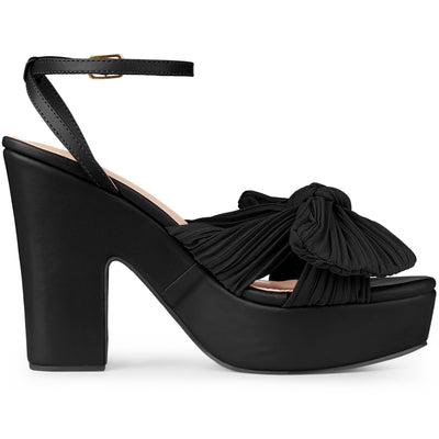 Women's Platform Pleated Bow Slingback Block High Heel Sandals