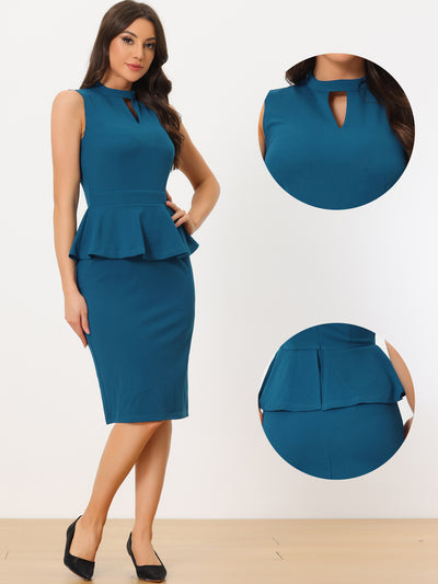 Peplum Pencil Mock Neck Sleeveless Work Sheath Dress