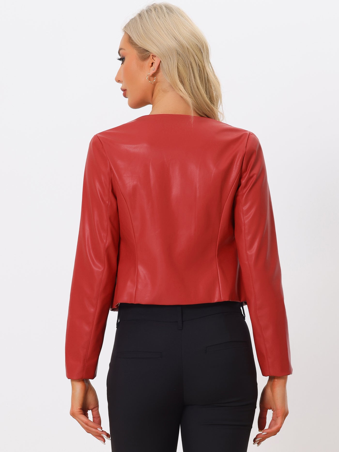 Allegra K Faux Leather Collarless Open Front PU Moto Biker Crop Blazer