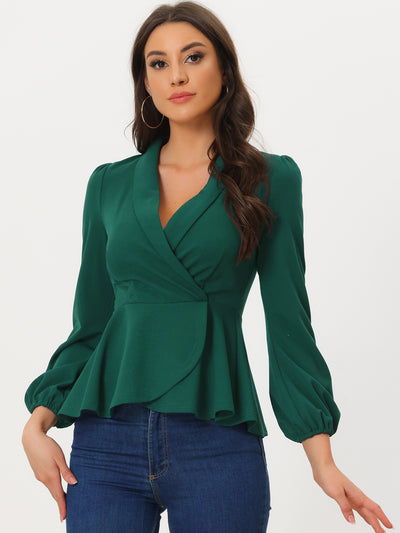 Peplum Long Lantern Sleeve Elegant Wrap V Neck Office Blouse