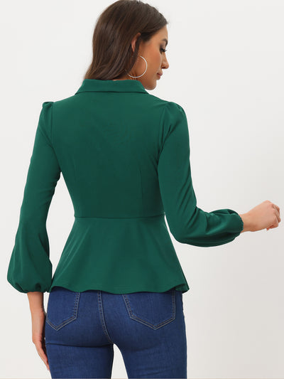 Peplum Long Lantern Sleeve Elegant Wrap V Neck Office Blouse