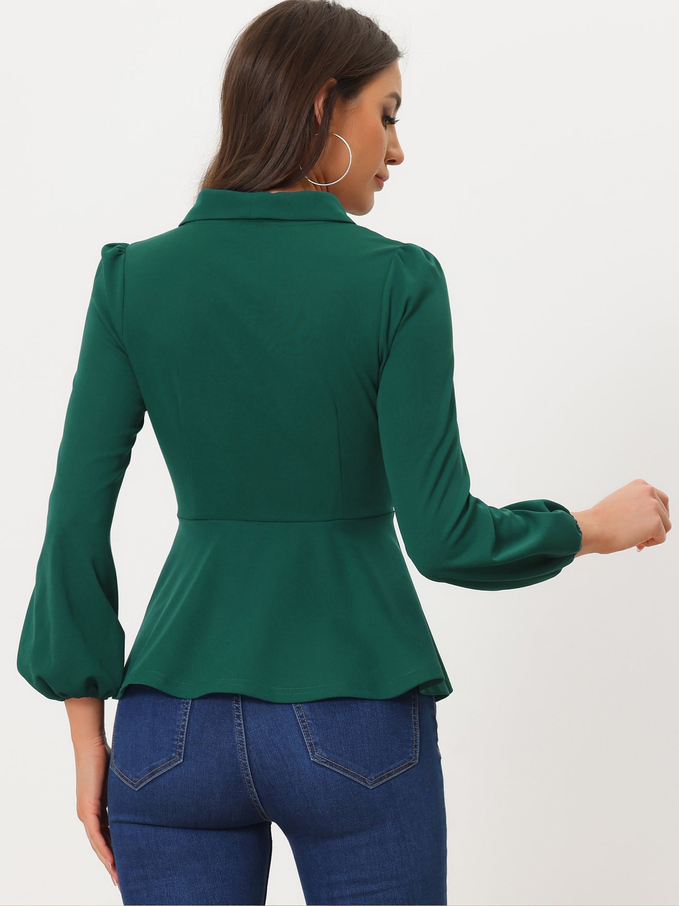 Allegra K Peplum Long Lantern Sleeve Elegant Wrap V Neck Office Blouse