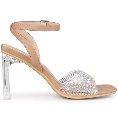 Women's Rhinestone Clear Heeled Ankle Strap Sandals