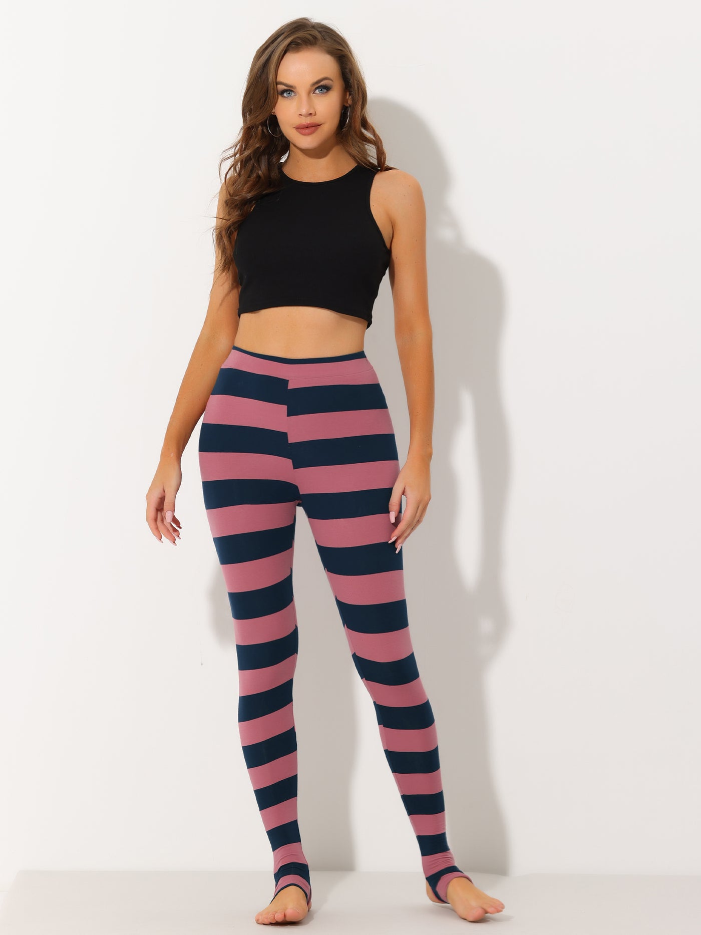 Allegra K Striped Printed High Elastic Waist Party Yoga Stirrup Pants Leggings