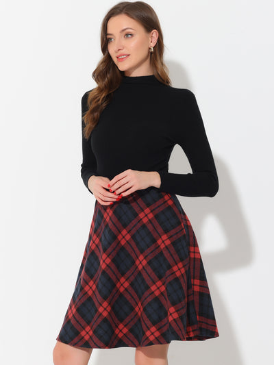 Vintage Plaid Tartan Elastic Waist Knee Length A-Line Skirt