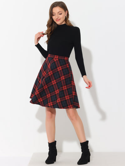 Vintage Plaid Tartan Elastic Waist Knee Length A-Line Skirt