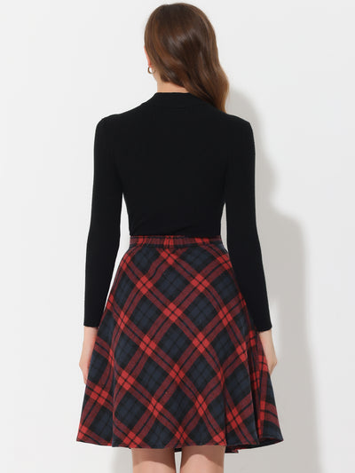 Vintage Plaid Tartan Elastic Waist Knee Length A-Line Skirt